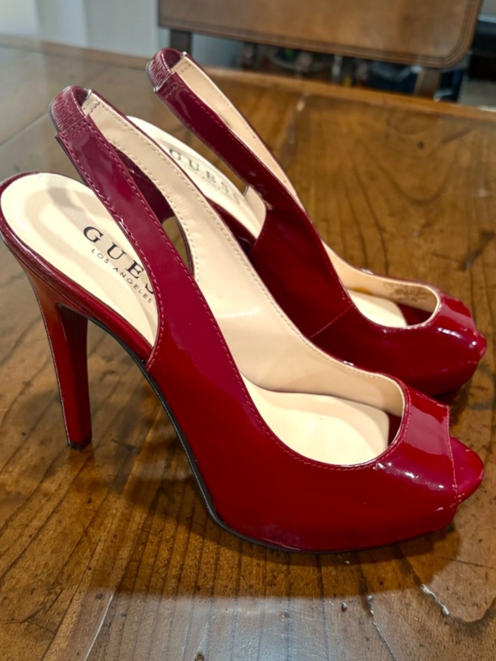 GUESS Peep Toe Slingback Pumps Red Patent Platform Heels Size 7 EUC